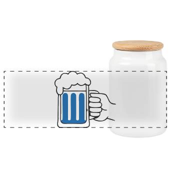 Hand hält Bierkrug Prost - Panorama Keksdose mit Holzdeckel - Weiß - Vorne