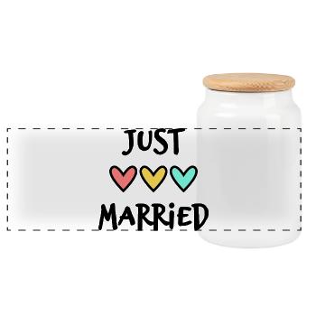 GERADE VERHEIRATET. Junggesellinnenabschied. VALENTINSTAG. PAAR - Panorama Keksdose mit Holzdeckel - Weiß - Vorne