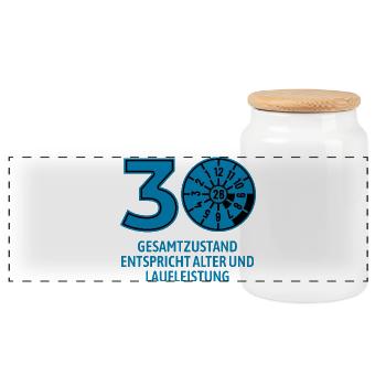 HU April 2026 - 30 Jahre - Geburtstag Geschenk - Panorama Keksdose mit Holzdeckel - Weiß - Vorne