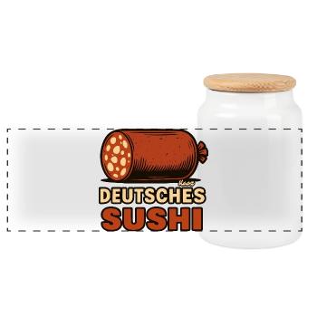 German Sausage Sushi Fusion - Panoramic Cookie Jar with Wooden Lid - white - Front