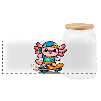 Axolotl skateur Kawaii Wing - Boîte à biscuits avec couvercle en bois - blanc - Devant