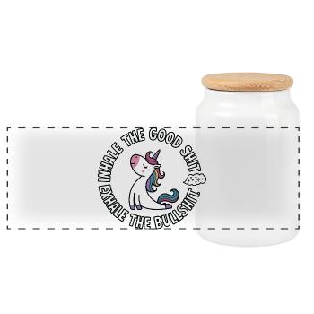 Licorne ronde aux cheveux colorés, inhale des conneries - Boîte à biscuits avec couvercle en bois - blanc - Devant