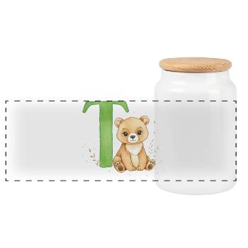 Ours en peluche avec la lettre verte T - Boîte à biscuits avec couvercle en bois - blanc - Devant