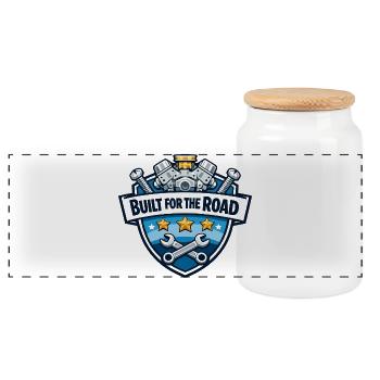 Built for the Road: Mechanic Crest - Panoramic Cookie Jar with Wooden Lid - white - Front