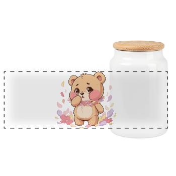 Delicate bear with flower wreath - Panoramic Cookie Jar with Wooden Lid - white - Front