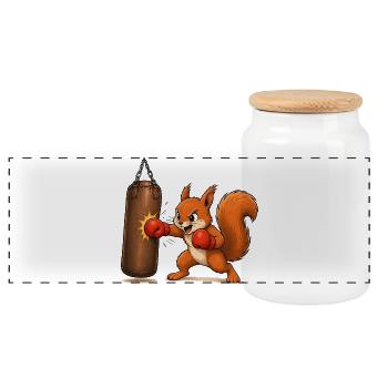 Squirrel on Punching Bag Cartoon Motif - Panoramic Cookie Jar with Wooden Lid - white - Front