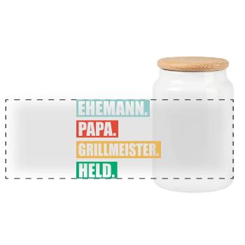 Papa Grillmeister Held Für Vatertag BBQ - Panorama Keksdose mit Holzdeckel - Weiß - Vorne