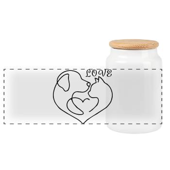 A Heart for Dog & Cat – One-Line Art Love - Panoramic Cookie Jar with Wooden Lid - white - Front
