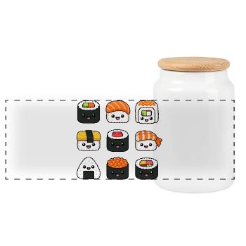 Sushi Funny Japanese Food Sashimi Cute - Panoramic Cookie Jar with Wooden Lid - white - Front