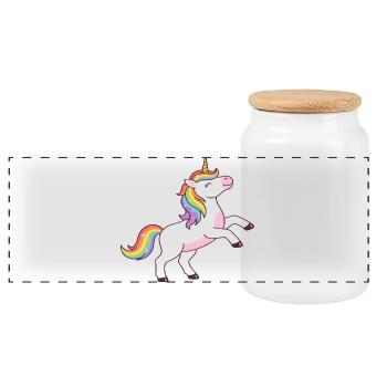 Regenbogen-Einhorn-Glitzer-T-Shirt - Panorama Keksdose mit Holzdeckel - Weiß - Vorne