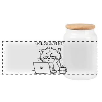 Feline Office Motivation - Panoramic Cookie Jar with Wooden Lid - white - Front