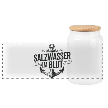 Salzwasser im Blut: Anker-Logo - Panorama Keksdose mit Holzdeckel - Weiß - Vorne