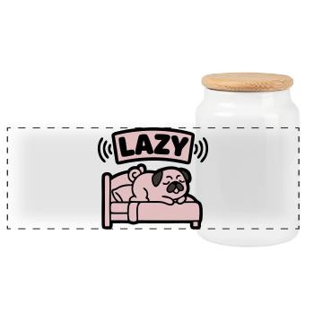  Lazy Mops Hund Bett Introvertiert - Panorama Keksdose mit Holzdeckel - Weiß - Vorne