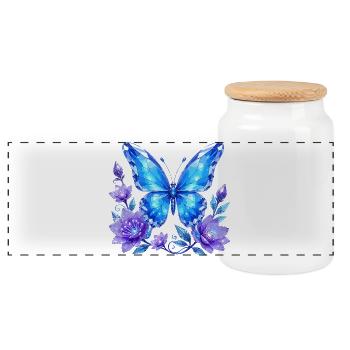 Blue Crystal Butterfly with Flowers - Panoramic Cookie Jar with Wooden Lid - white - Front