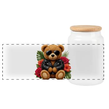 Ours en peluche motard avec des fleurs - Boîte à biscuits avec couvercle en bois - blanc - Devant