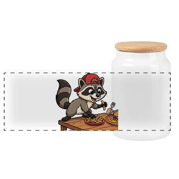 French Fries Thief: Funny Racoon Motif Kids - Panoramic Cookie Jar with Wooden Lid - white - Front