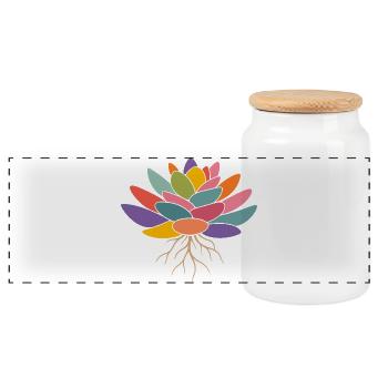 Bunte Sukulente mit Wurzeln Motiv  - Panorama Keksdose mit Holzdeckel - Weiß - Vorne