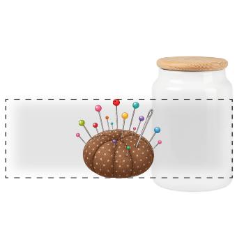 Coussin d’épingles avec des épingles colorées - Boîte à biscuits avec couvercle en bois - blanc - Devant