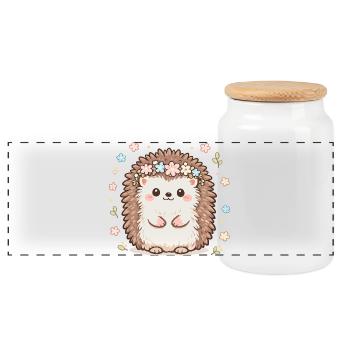 Blütenkranz-Igel Kuscheldesign - Panorama Keksdose mit Holzdeckel - Weiß - Vorne