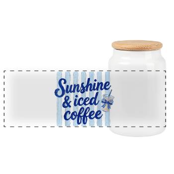 Sonnenschein und Eiskaffee auf blauen Latten - Panorama Keksdose mit Holzdeckel - Weiß - Vorne