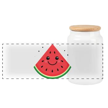 Kawaii Watermelon Slice Smile - Panoramic Cookie Jar with Wooden Lid - white - Front