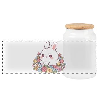 Kaninchen mit Blumen - Panorama Keksdose mit Holzdeckel - Weiß - Vorne