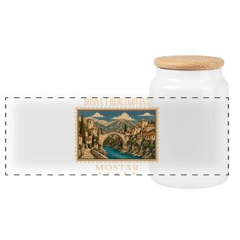 Bosnien Mostar Vintage Reisemarke - Panorama Keksdose mit Holzdeckel - Weiß - Vorne