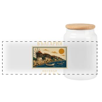 Bulgarien Nessebar Vintage Reisemarke - Panorama Keksdose mit Holzdeckel - Weiß - Vorne