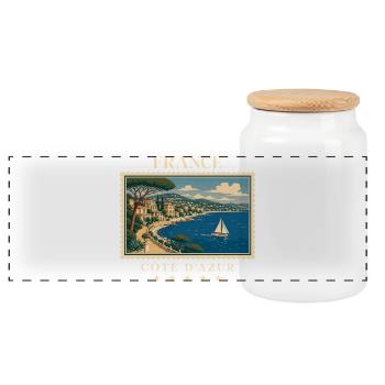 Frankreich Côte d’Azur Vintage Reisemarke - Panorama Keksdose mit Holzdeckel - Weiß - Vorne