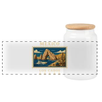 Mexiko Los Cabos Vintage Reisemarke - Panorama Keksdose mit Holzdeckel - Weiß - Vorne