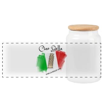 Leaning Tower on Italian Flag Brush - Panoramic Cookie Jar with Wooden Lid - white - Front