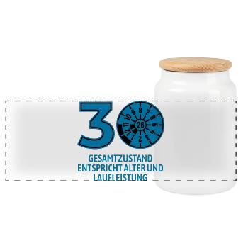 HU August 2026 - 30 Jahre - Geburtstag Geschenk - Panorama Keksdose mit Holzdeckel - Weiß - Vorne
