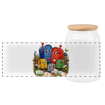 Fröhliche Briefkästen im Garten - Panorama Keksdose mit Holzdeckel - Weiß - Vorne