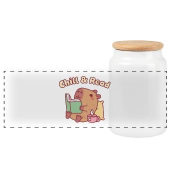 Mignonne capybara lisant un livre - Détendez-vous et lisez - Boîte à biscuits avec couvercle en bois - blanc - Devant