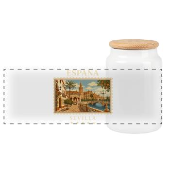 Spanien Sevilla Vintage Reisemarke - Panorama Keksdose mit Holzdeckel - Weiß - Vorne