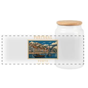 Portugal Porto Vintage Reisemarke - Panorama Keksdose mit Holzdeckel - Weiß - Vorne