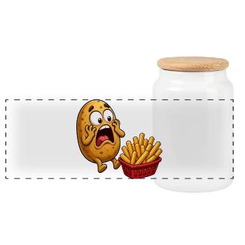 Kartoffelzubereitung Pommes Frites Lustige Pommes  - Panorama Keksdose mit Holzdeckel - Weiß - Vorne