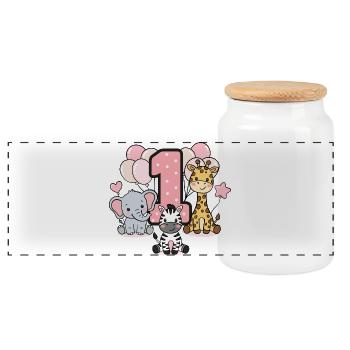 First Birthday Stuffed Animals Safari - Panoramic Cookie Jar with Wooden Lid - white - Front