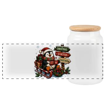 Christmas Penguin - Panoramic Cookie Jar with Wooden Lid - white - Front