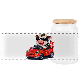 Tough cow in red convertible - Panoramic Cookie Jar with Wooden Lid - white - Front