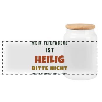 Mein Feierabend ist heilig - Lustiger Spruch - Panorama Keksdose mit Holzdeckel - Weiß - Vorne