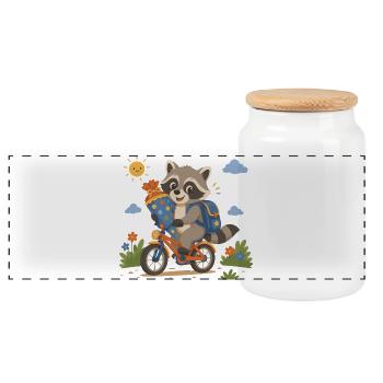 Raccoon rides his bike to school - Panoramic Cookie Jar with Wooden Lid - white - Front