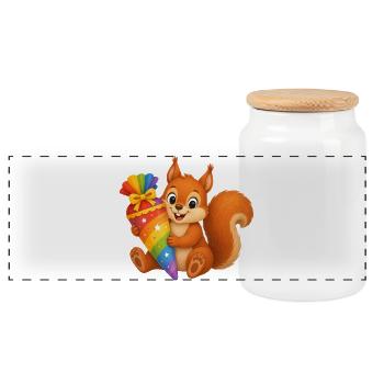 Cute squirrel with colorful school cone - Panoramic Cookie Jar with Wooden Lid - white - Front