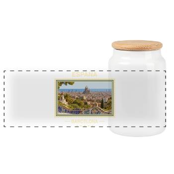 Spanien Barcelona Vintage Reisemarke - Panorama Keksdose mit Holzdeckel - Weiß - Vorne