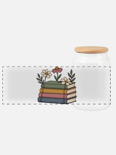 Bücher und Wildblumen - Panorama Keksdose mit Holzdeckel - Weiß