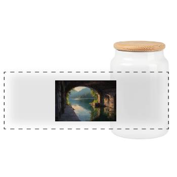 Cozy View at the Window - Panoramic Cookie Jar with Wooden Lid - white - Front
