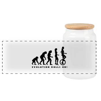 evolution_einradfahrerin_1c_b - Panorama Keksdose mit Holzdeckel - Weiß - Vorne