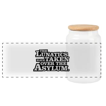 The lunatics have taken over the asylum. - Panoramic Cookie Jar with Wooden Lid - white - Front