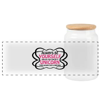always be yourself unicorn funny text logo - Panoramic Cookie Jar with Wooden Lid - white - Front