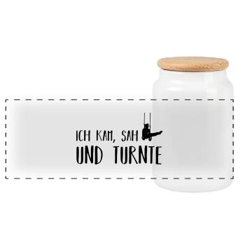 ich kam, sah und turnte - Panorama Keksdose mit Holzdeckel - Weiß - Vorne